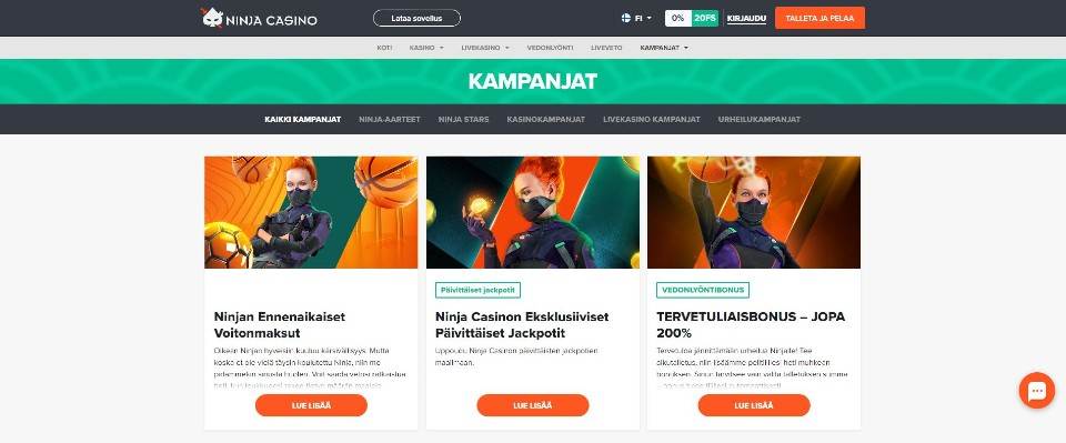 Kuvankaappaus Ninja Casinon tarjouksista, esillä kampanjavalikko ja 3 eri tarjousta esittelyineen