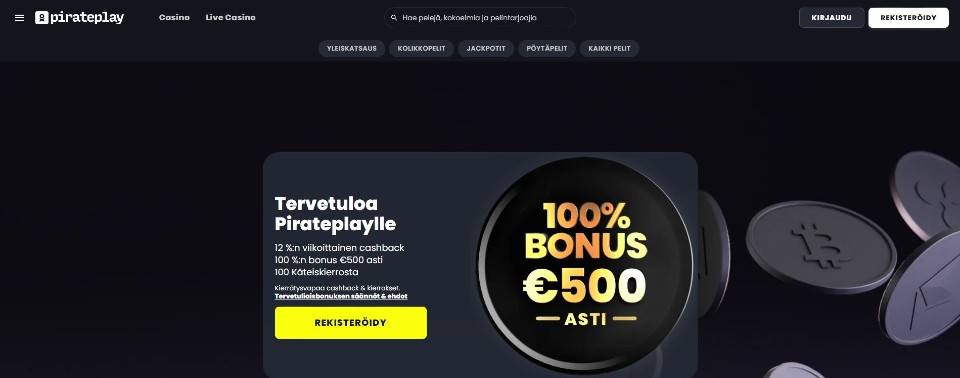 Kuvankaappaus PiratePlay Casinon etusivusta, esillä valikot ja tervetuliaisbonus