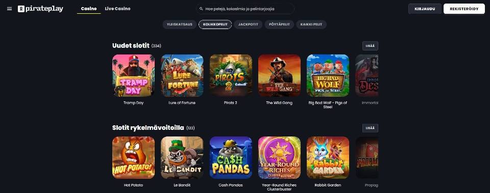 Kuvankaappaus PiratePlay Casinon peliaulasta, esillä valikot ja 10 peliautomaatin kuvakkeet