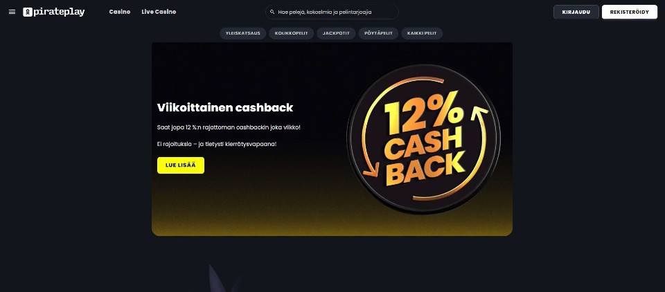 Kuvankaappaus PiratePlay Casinon tarjouksista, esillä valikot ja viikoittainen cashback