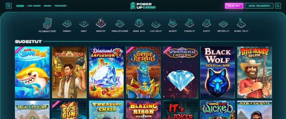Kuvankaappaus Power Up Casinon peliaulasta, esillä päävalikko, pelivalikot ja 7 suositun peliautomaatin kuvakkeet