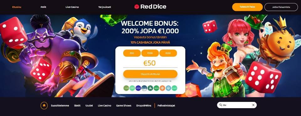 Kuvankaappaus RedDice Casinon etusivusta, esillä valikot, tervetuliaisbonus, peliautomaattien hahmoja ja Pay N Play -talletusikkuna