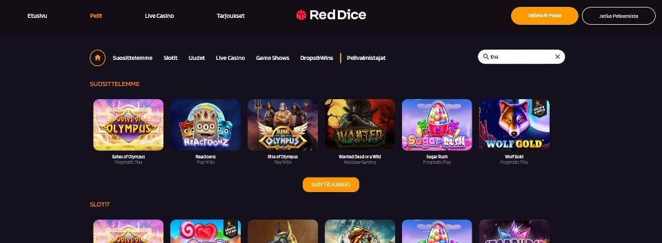 Kuvankaappaus RedDice Casinon peliaulasta, esillä valikot ja 6 peliautomaatin kuvakkeet