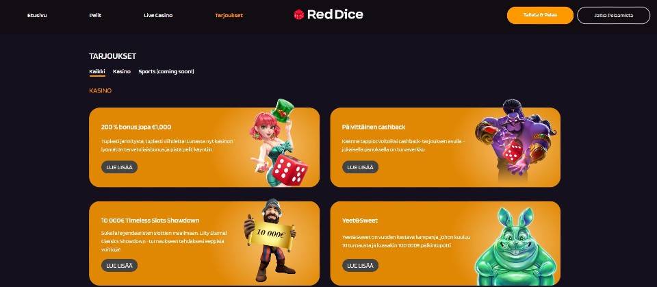 Kuvankaappaus RedDice Casinon tarjouksista, esillä valikot ja 4 eri tarjousta kasinolle