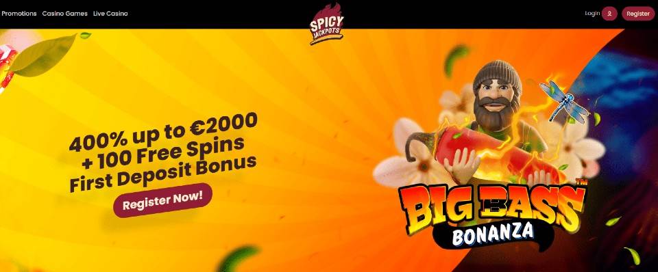 Kuvankaappaus Spicy Jackpots Casinon etusivusta, esillä tervetuliaisbonus