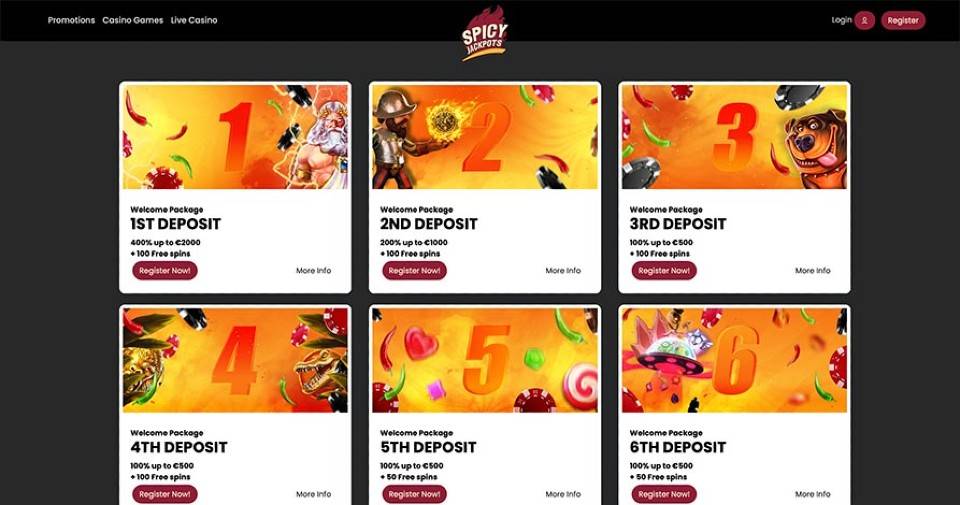 Kuvankaappaus Spicy Jackpots Casinon tarjouksista, esillä 6 eri tarjousta