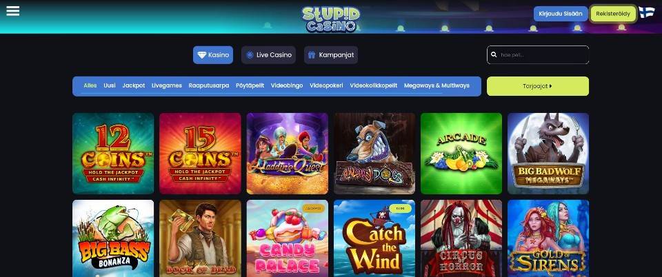 Kuvankaappaus Stupid Casinon peliaulasta, esillä pelivalikot ja 12 peliautomaatin kuvakkeet