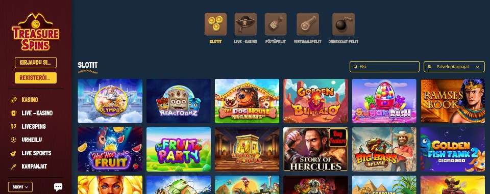 Kuvankaappaus Treasure Spins Casinon peliaulasta, esillä valikot ja 12 peliautomaatin kuvakkeet