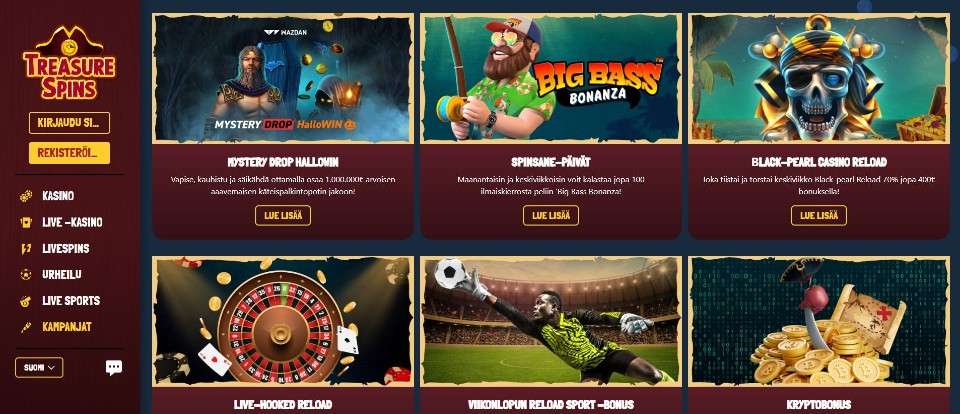 Kuvankaappaus Treasure Spins Casinon tarjouksista, esillä valikkoja 6 tarjousta