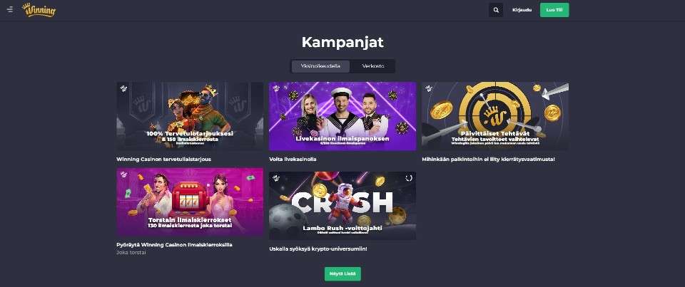 Kuvankaappaus Winning.io Casinon tarjouksista, esillä 5 eri kampanjaa esittelyineen