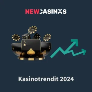 NewCasinos logo, kortteja ja pelimerkkejä sekä 2 ylöspäin suuntautuvaa nuolta ja teksti Kasinotrendit 2024