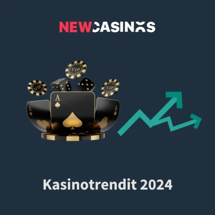Uudet kasinot ja kasinotrendit 2024 NewCasinos logo, kortteja ja pelimerkkejä sekä 2 ylöspäin suuntautuvaa nuolta ja teksti Kasinotrendit 2024