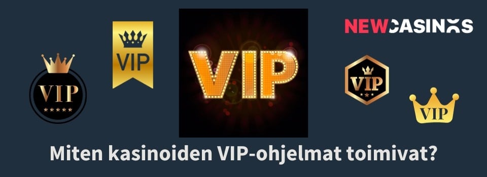 NewCasinos logo, VIP ja teksti Miten kasinoiden VIP-ohjelmat toimivat?