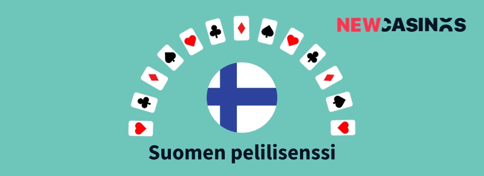 NewCasinos logo, korttien muodostama puoliympyrä, jonka sisällä Suomen lippu ja teksti Suomen pelilisenssi