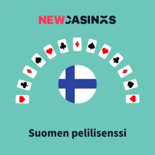 NewCasinos logo, korttien muodostama puoliympyrä, jonka sisällä Suomen lippu ja teksti Suomen pelilisenssi