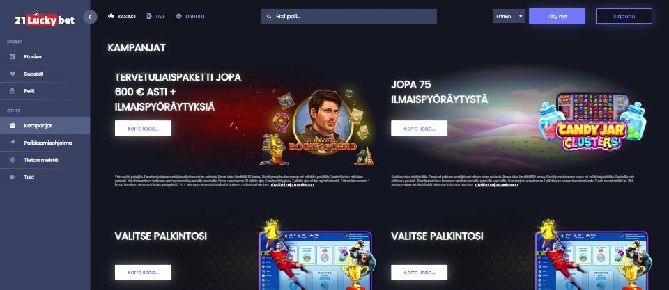 Kuvankaappaus 21 Lucky Bet Casinon peliaulasta, esillä valikot ja 4 eri tarjousta