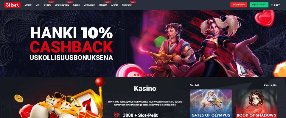 Kuvankaappaus 31 Bet Casinon etusivusta, esillä valikko, 10 % cashback ja peliautomaattien hahmoja