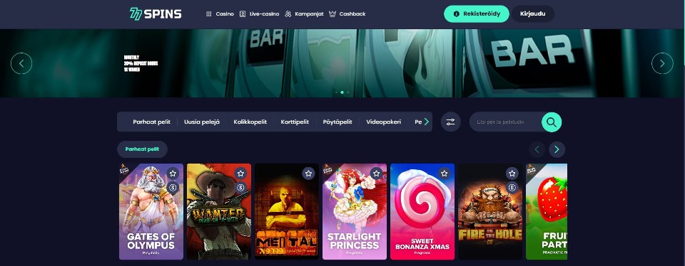 Kuvankaappaus 77spins Casinon etusivusta, esillä valikot, bannerikuva ja 7 pelin kuvakkeet