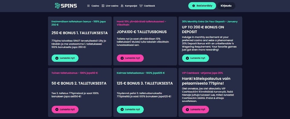 Kuvankaappaus 77spins Casinon kampanjoista, esillä valikot ja 6 eri tarjousta