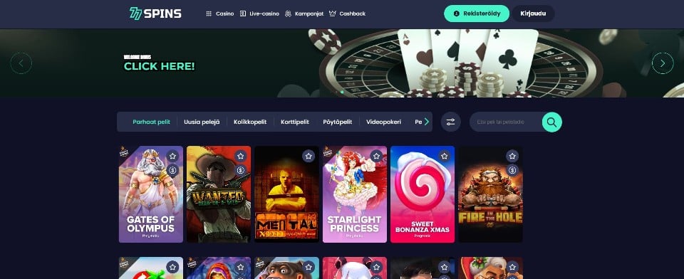 Kuvankaappaus 77spins Casinon peliaulasta, esillä valikot ja 6 peliautomaatin kuvakkeet