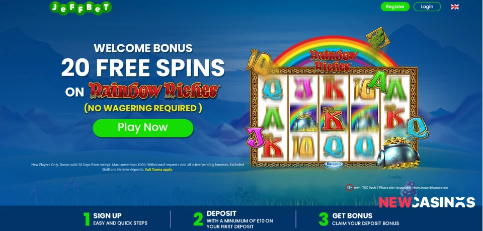 jeffbet landing page: welcome bonus 20 free spins on rainbow riches no wagering required