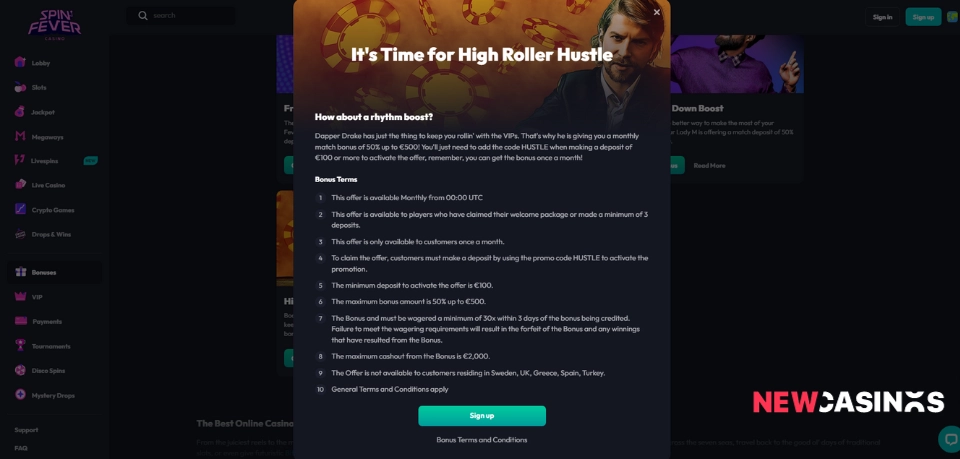 spin fever casino high roller bonus