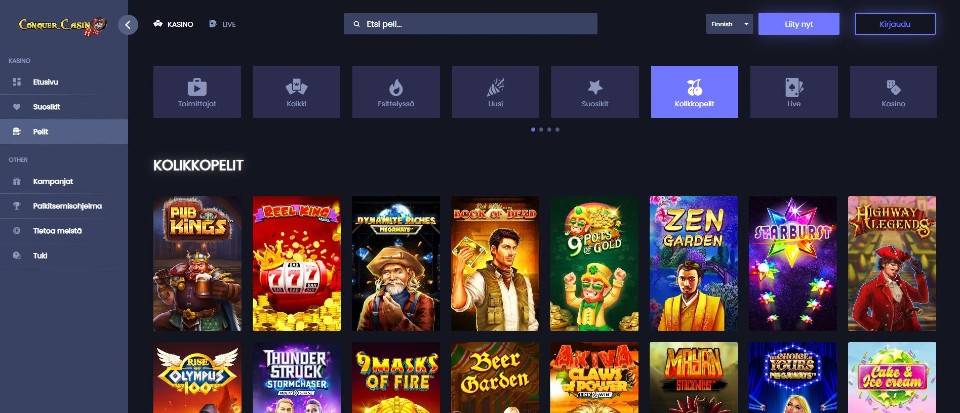 Kuvankaappaus Conquer Casinon peliaulasta, esillä valikot ja 16 peliautomaatin kuvakkeet