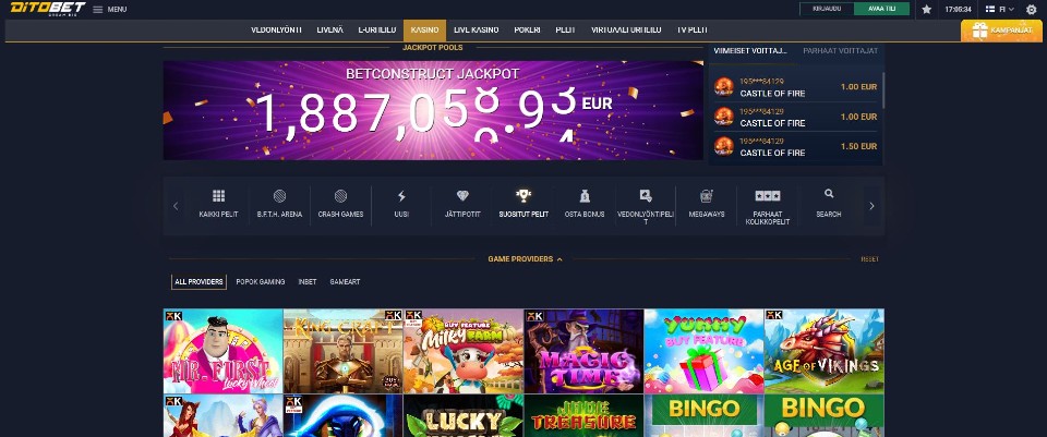 Kuvankaappaus Ditobet Casinon peliaulasta, esillä valikot, jättipotti ja 6 suositun pelin kuvakkeet