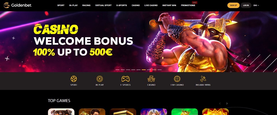 Kuvankaappaus Goldenbet Casinon etusivusta, esillä valikot ja tervetuliaisbonus