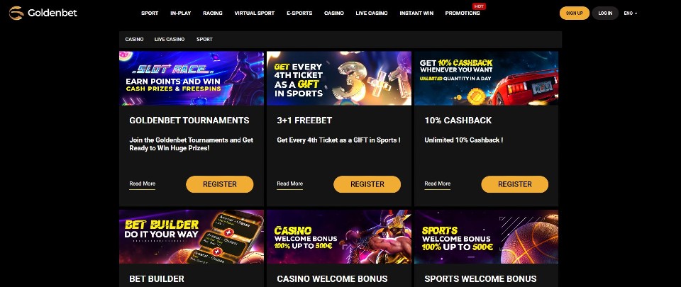 Kuvankaappaus Goldenbet Casinon tarjouksista, esillä valikko ja 6 eri tarjousta