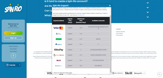 spin rio payment methods