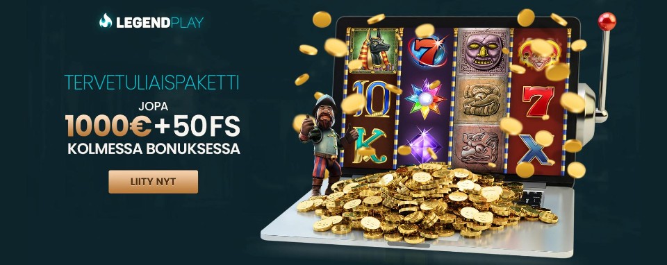 Kuvankaappaus LegendPlay Casinon tervetuliaispaketista, esillä bonus, Gonzo's Quest -peliautomaatti ja iso kasa kolikoita