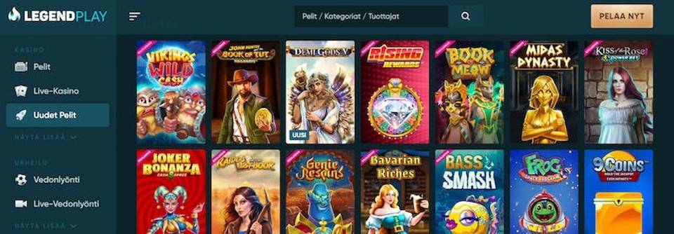 Kuvankaappaus LegendPlay Casinon peliaulasta, esillä valikko ja 14 peliautomaatin kuvakkeet