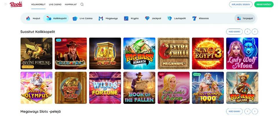 Kuvankaappaus Rooli Casinon peliaulasta, esillä valikot ja 14 peliautomaatin kuvakkeet