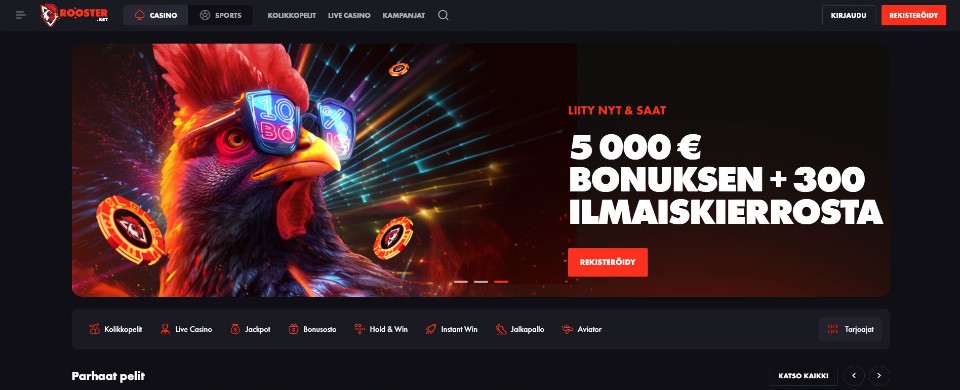 Kuvankaappaus Roosterbet Casinon etusivusta, esillä valikot, tervetuliaisbonus ja kukko pelimerkkien ympäröimänä