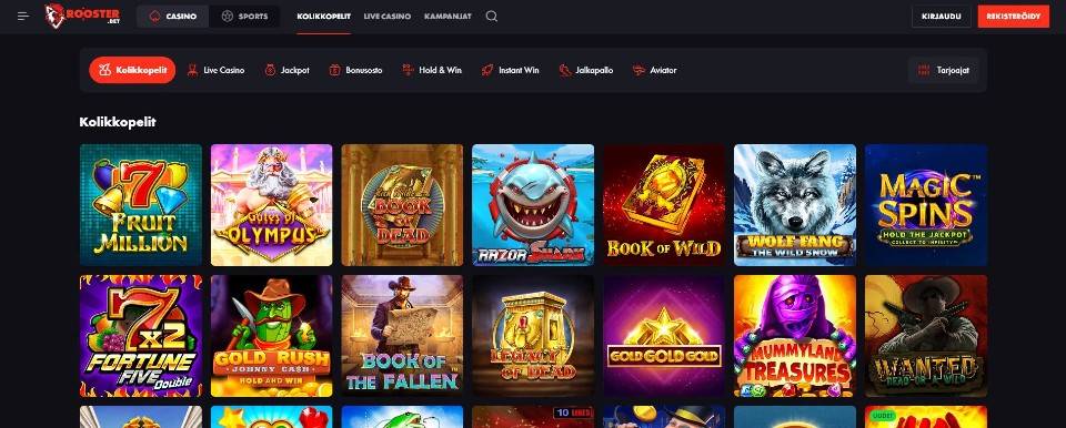 Kuvankaappaus Roosterbet Casinon peliaulasta, esillä valikot ja 14 peliautomaatin kuvakkeet