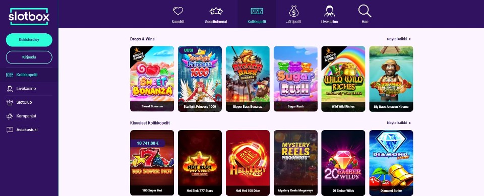 Kuvankaappaus Slotbox Casinon peliaulasta, esillä valikot ja 12 peliautomaatin kuvakkeet