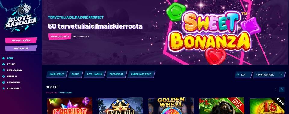 Kuvankaappaus Slots Hammer Casinon etusivusta, esillä ilmaiskierrostarjous, valikot ja pelikuvakkeita