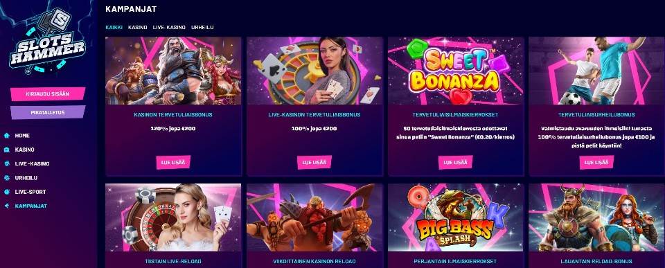 Kuvankaappaus Slots Hammer Casinon kampanjoista, esillä valikot ja 8 eri tarjousta