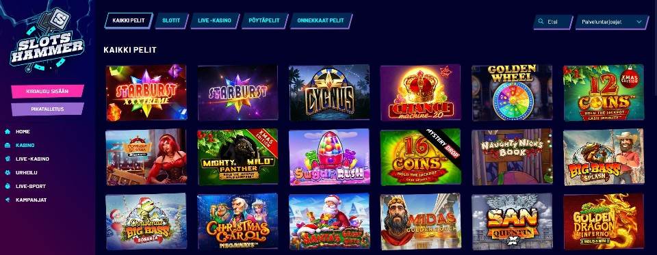 Kuvankaappaus Slots Hammer Casinon peliaulasta, esillä valikot ja 18 peliautomaatin kuvakkeet