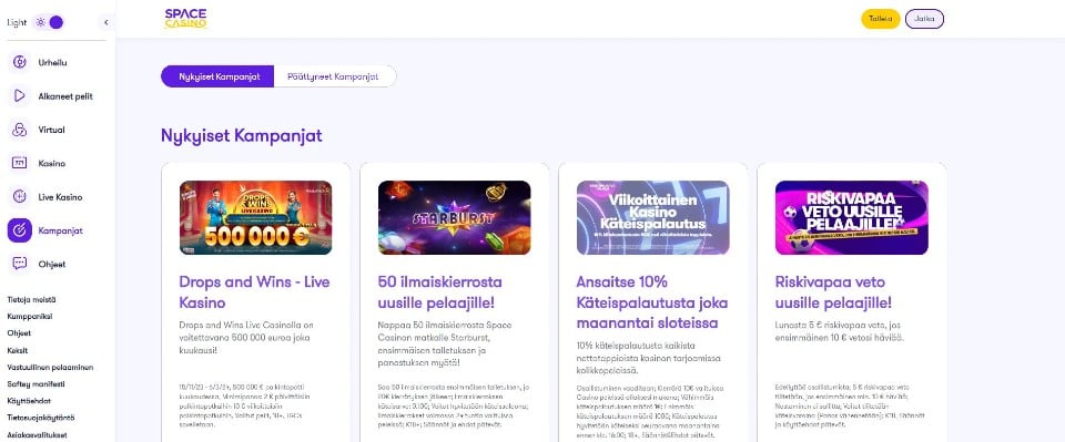 Kuvankaappaus Space Casinon kampanjoista, esillä valikot ja 4 eri kampanjaa