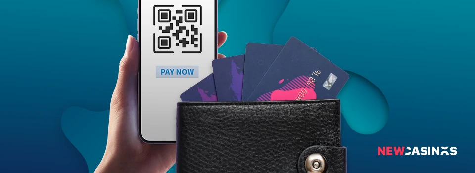 mobile phone displaying a qr code and text 'pay now' on the screen, and a wallet with cards coming out.