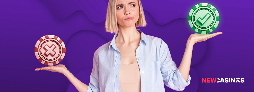 blonde woman balancing a green tick and red cross.