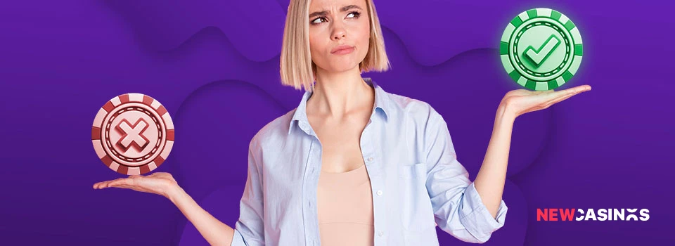 blonde woman balancing a green tick and red cross.