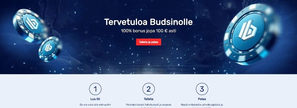 Kuvankaappaus Budsino Casinon etusivusta, esillä tervetuliaisbonus ja Budsinon logolla varustettuja pelimerkkejä