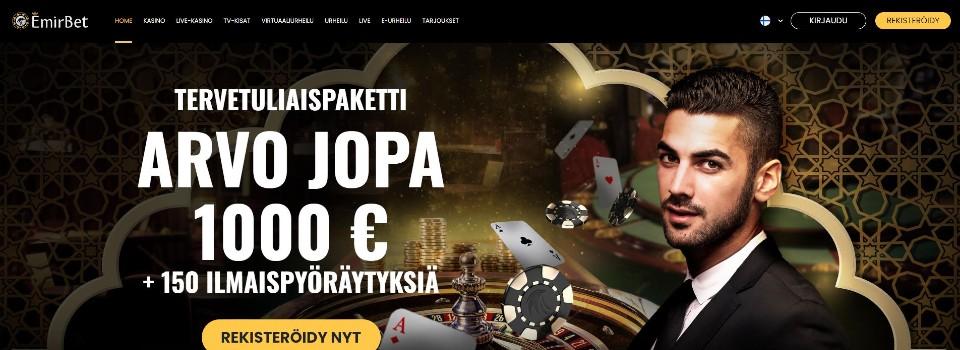 Kuvankaappaus Emirbet Casinon etusivusta, esillä tervetuliaisbonus ja mies taustallaan kasino