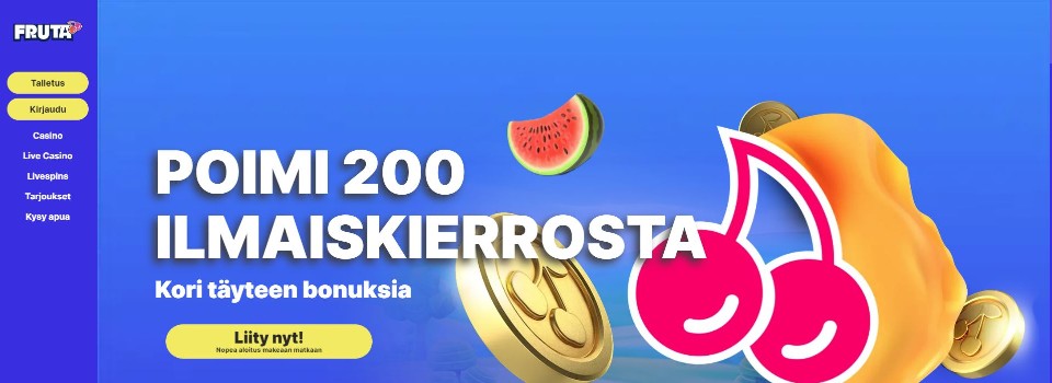 Kuvankaappaus Fruta Casinon etusivusta, esillä valikko ja ilmaiskierrosbonus