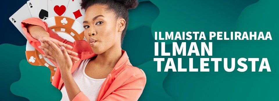 Ilmaista pelirahaa ilman talletusta, tyytyväinen nainen taustalla pelimerkki ja pelikortteja