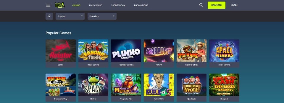 Kuvankaappaus Lucky Merlin Casinon peliaulasta, esillä 12 suositun pelin kuvakkeet