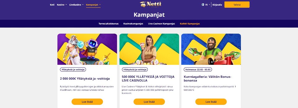 Kuvankaappaus NettiCasinon kampanjoista, esillä 3 tarjousta